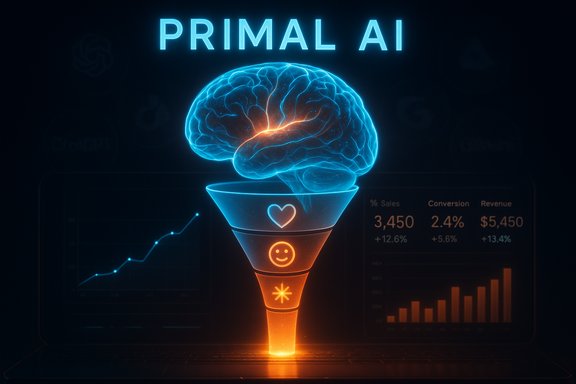Neon blue brain perched over a PRIMAL AI funnel, with data charts in the background.