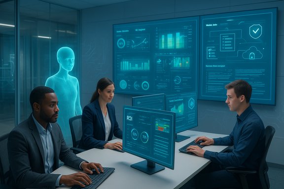 A three-person team analyzes dashboards in a futuristic control room with a holographic display.