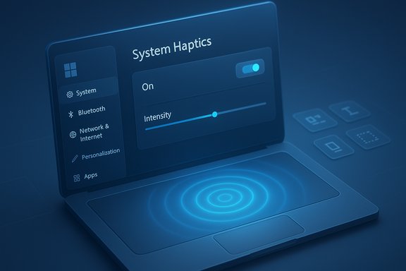 A futuristic laptop UI shows System Haptics settings with a blue glow and ripple on the touchpad.
