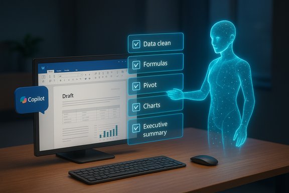An AI hologram guides a document workflow with a neon checklist and Copilot badge.