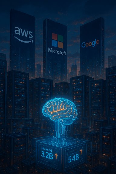 A futuristic cityscape with giant AWS, Microsoft, and Google towers and a glowing neon brain centerpiece.