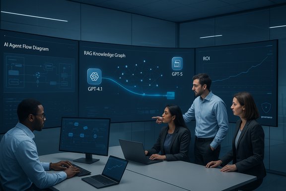 A diverse team analyzes AI knowledge graphs on a curved-wall display.