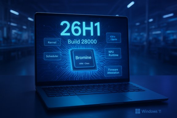 Blue laptop screen displays '26H1 Build 28000' with a Bromine ARM chip diagram.