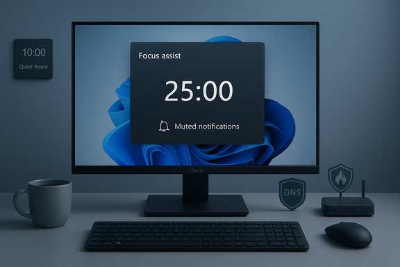 Desktop monitor shows a Focus assist countdown of 25:00 with muted notifications.