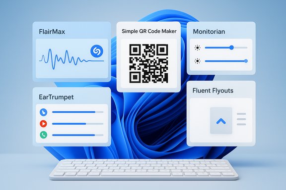 A 3D keyboard sits beneath floating app cards, including a QR code maker and audio tools.