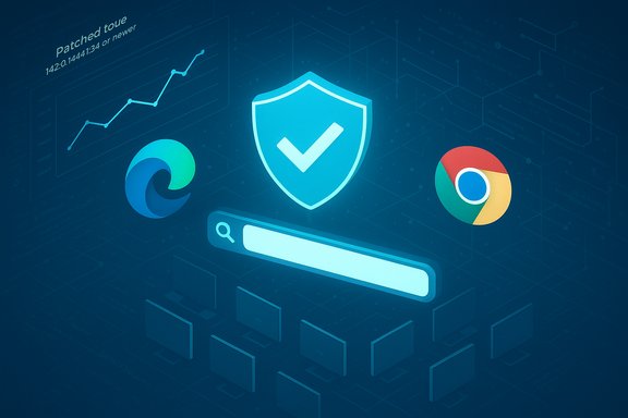 Cybersecurity concept: shield with checkmark between Edge and Chrome logos on a tech blue background.