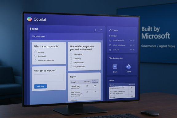 A monitor displays Copilot UI with forms and a dashboard against a blue Microsoft backdrop.