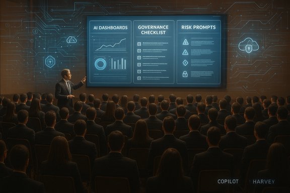 A presenter in a suit explains AI dashboards to a large audience in a high-tech conference room.