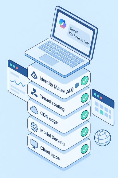 Isometric stack of cloud services for Identity (Azure AD), routing, CDN edge, model serving, and client apps.