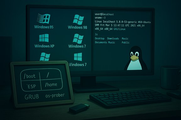 Dual-boot workstation: Windows icons on screen, a Linux terminal with Tux, and a GRUB/os-prober board.