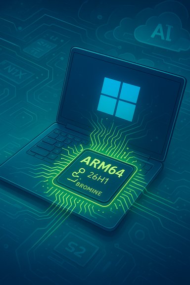 A laptop shows the Windows logo with a glowing ARM64 Bromine chip amid AI circuit patterns.