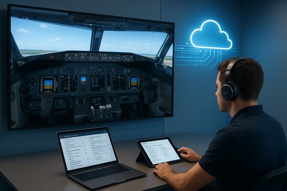 Man in headset monitors a cockpit simulation on a large screen, with laptop and tablet.