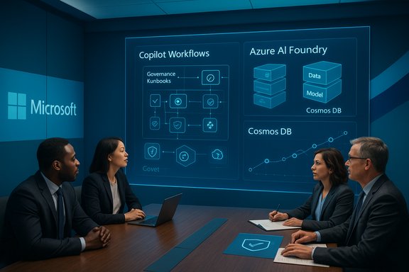 Team discusses blue holographic dashboards on Copilot Workflows and Cosmos DB.