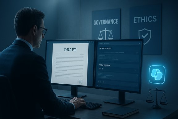 A suited man reviews a draft on dual monitors in a governance and ethics office.
