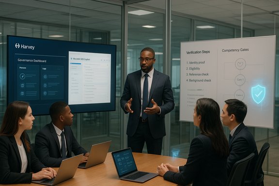 A suited presenter explains a governance dashboard to colleagues in a glass-walled boardroom.