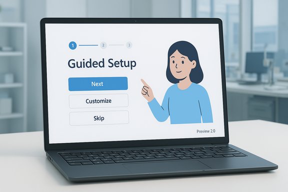Laptop screen shows a guided setup interface with Next, Customize, Skip, and a cartoon guide.