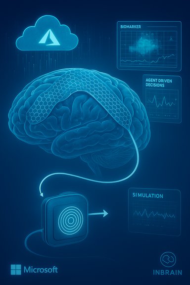 Glowing brain with a neural implant connected to a device, cloud, and analytics dashboards.