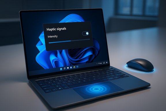 Laptop displays a Haptic signals panel with blue glow on the trackpad.