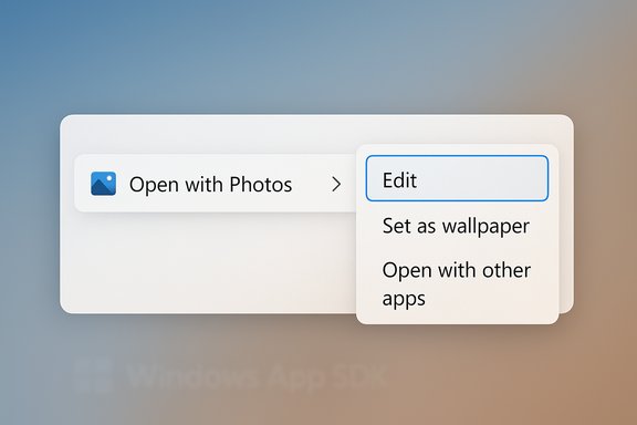 A layered UI popover showing “Open with Photos” with a right-side “Edit” option.