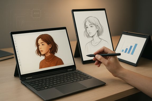 Digital artist sketches portraits on a laptop and two display tablets with a stylus.