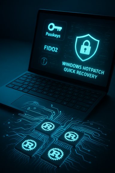 A blue-glow laptop screen shows Passkeys, FIDO2, and a shield icon over circuitry.