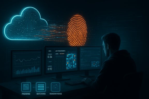 A technician analyzes data on three monitors beneath a neon cloud and fingerprint visualization.