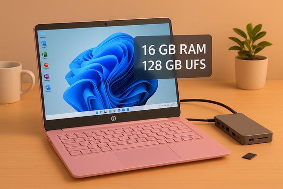 A pink HP laptop on a wooden desk, connected to a docking hub, with 16 GB RAM and 128 GB UFS.