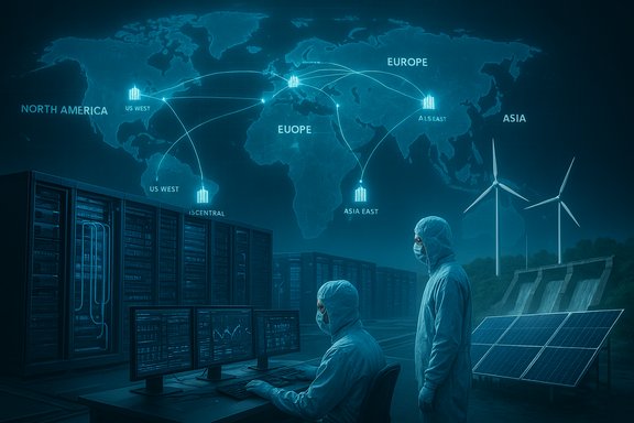 Two technicians in clean suits oversee a global data network from a server-filled control room.