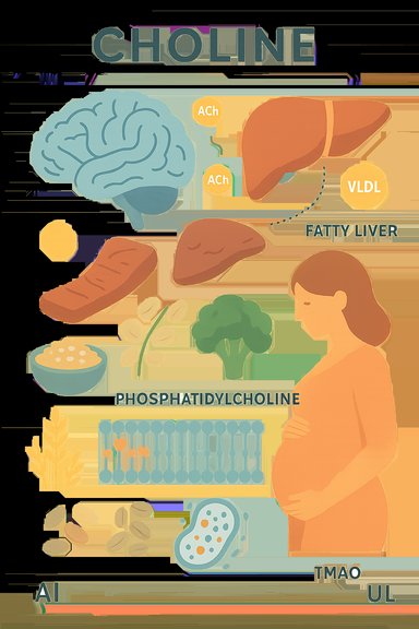 Infographic about choline biology, showing brain, liver, pregnancy, and phosphatidylcholine metabolism.