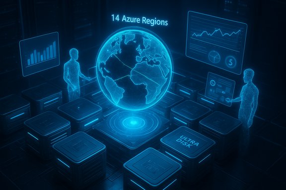 Holographic globe and dashboards display 14 Azure Regions in a futuristic data scene.
