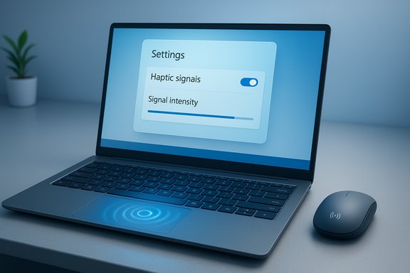 Laptop screen shows a Settings panel for Haptic signals with a toggle and a signal-intensity slider.
