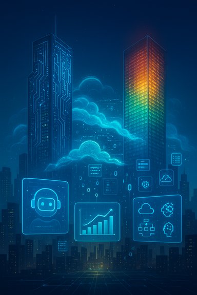 Futuristic cityscape with glowing holographic blue UI panels over a neon skyline.