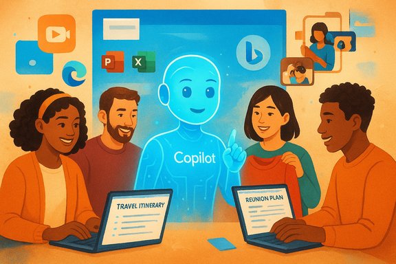 A diverse team collaborates with a blue Copilot AI hologram to plan a travel itinerary and reunion. A diverse team collaborates with a blue Copilot AI hologram to plan a travel itinerary and reunion.