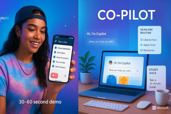 Smiling woman holds a phone displaying Co-Pilot, with a laptop UI on a blue background.