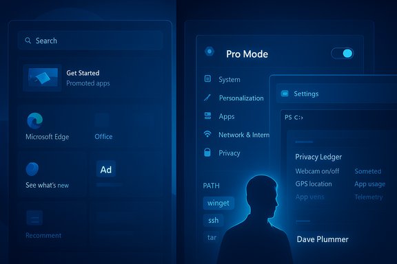 A blue, futuristic software dashboard with a Pro Mode toggle and a silhouetted figure.