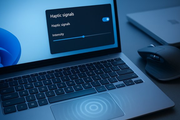 Blue-lit laptop screen shows 'Haptic signals' settings with an intensity slider.