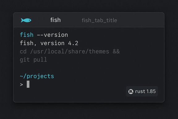 Dark terminal UI featuring the fish shell with version 4.2 and a Rust 1.85 badge. Dark terminal UI featuring the fish shell with version 4.2 and a Rust 1.85 badge.