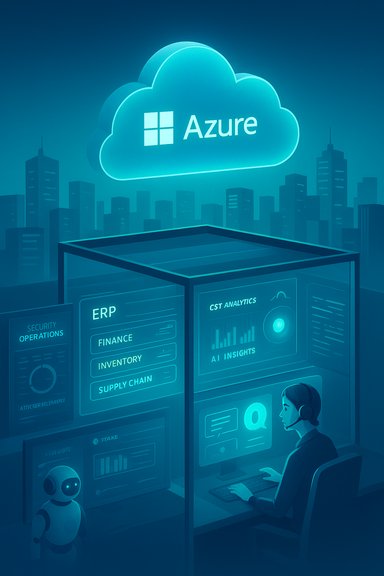 Azure cloud data center control room with ERP and AI analytics dashboards.