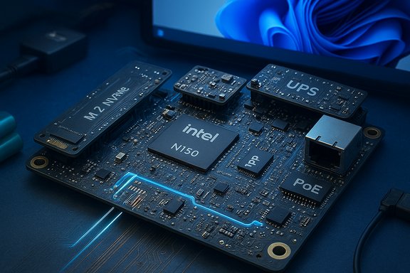 Close-up of a motherboard with Intel N150, M.2 NVMe, and PoE/UPS components.