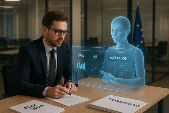 Businessman signs documents as a blue holographic AI displays audit logs and DPIA data.