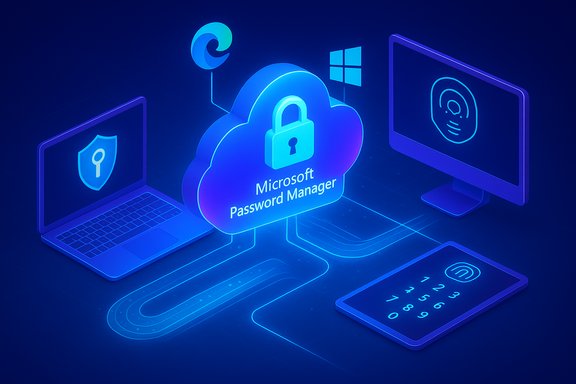 Blue neon cloud with a padlock labeled 'Microsoft Password Manager' connected to multiple devices.