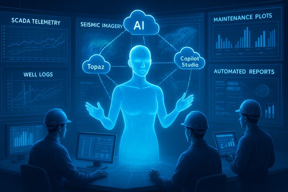 A holographic AI hub guides engineers in a cloud-powered control room.
