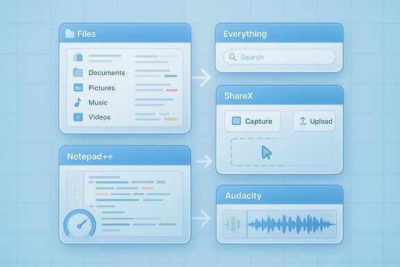 Blue infographic showing Files, Notepad++, and Audacity feeding into Everything and ShareX.