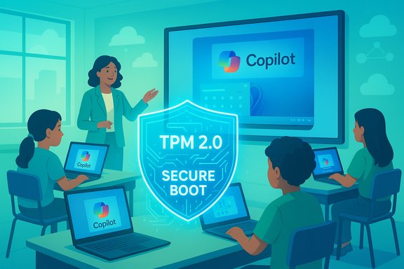Instructor leads a Copilot-branded classroom on TPM 2.0 secure boot.