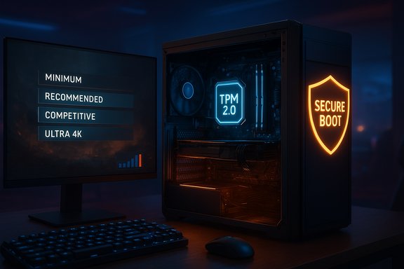 Blue-lit gaming PC featuring TPM 2.0, Secure Boot shield, and a monitor displaying system requirements.