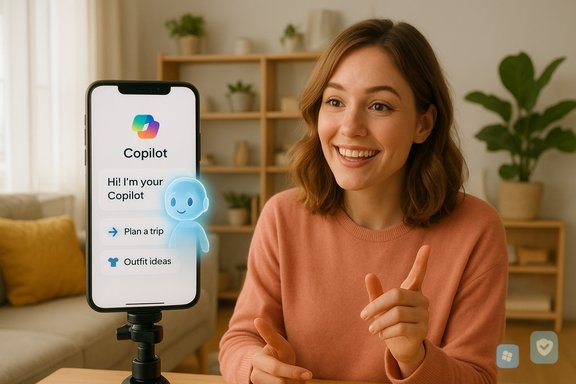 A smiling woman demonstrates Copilot on her phone with a blue holographic avatar beside the screen.