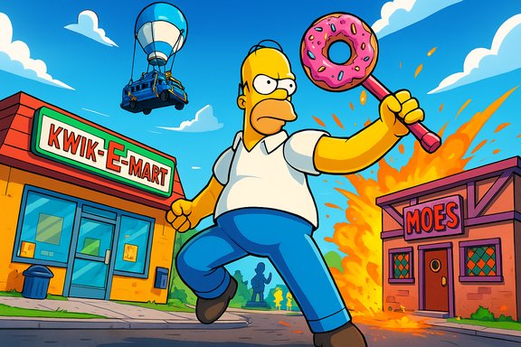 Homer wields a giant pink donut as Kwik-E-Mart burns in chaotic Springfield. Homer wields a giant pink donut as Kwik-E-Mart burns in chaotic Springfield.