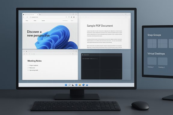 A large monitor displays a four-window Windows desktop with documents and notes.