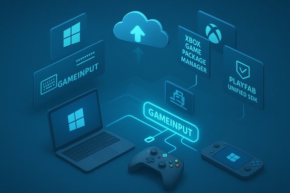 A futuristic blue hub for cloud gaming tools and cross‑platform inputs around GAMEINPUT.