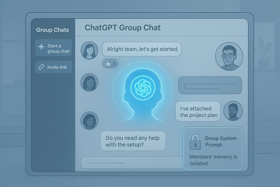 Blue ChatGPT group chat interface with avatars, a glowing AI head centerpiece, and prompts.